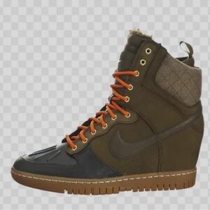 Nike Women's High-Top Wedge Sneakers - army green with Orange laces.
